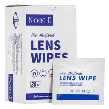 Noble Pre-moistened Lens Wipes Individually Wrapped - Lens and Screen Cleaning Wipes - Great for Eyeglasses, Cell Phones, Camera Lenses, Screens, Keyboards, and Other Delicate Surfaces (30 Wipes)