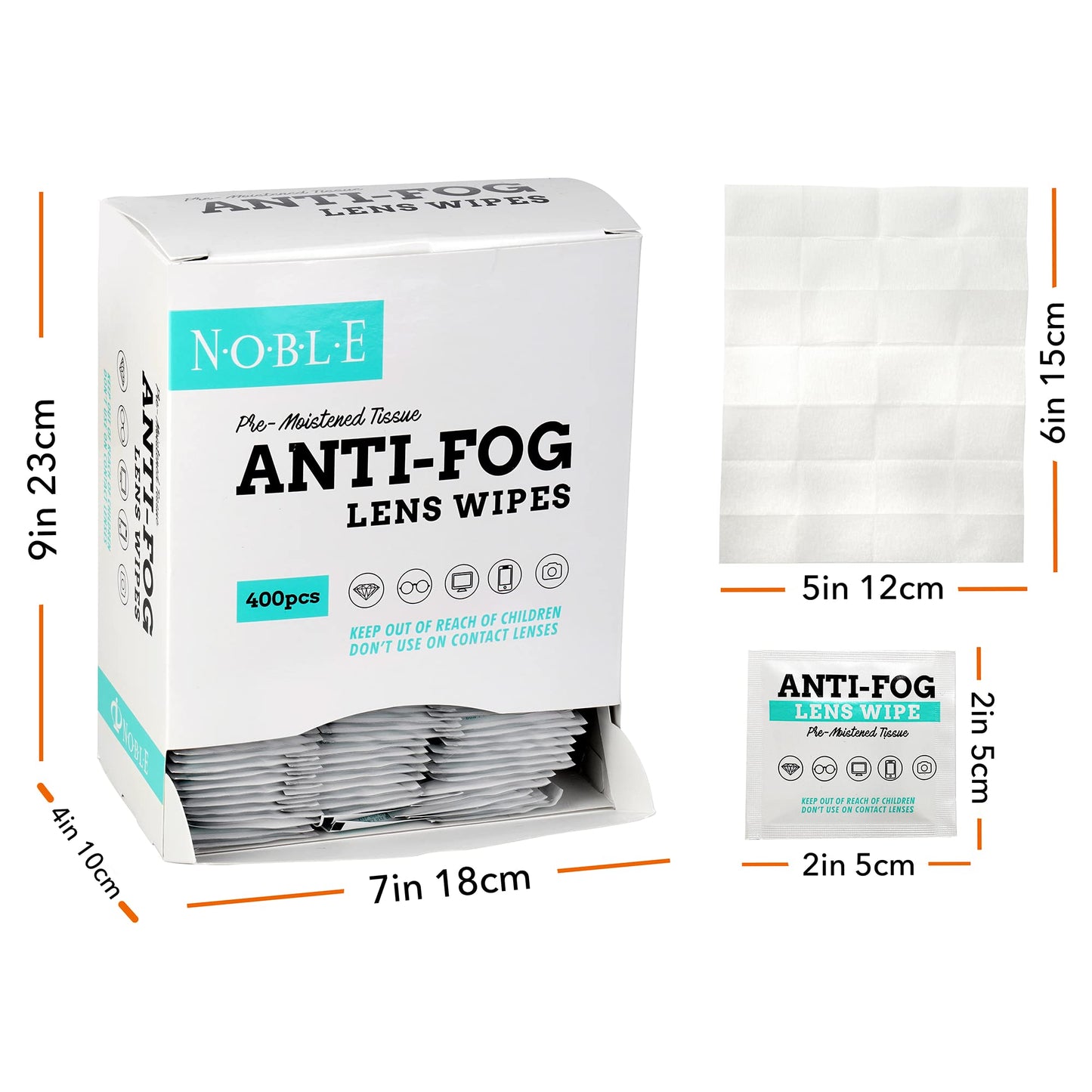 Noble Anti-Fog Pre-Moistened Lens and Screen Cleaning Wipes for Glasses Eyewear, Smartphones, Camera Lenses, Small Electronic Devices, Touchscreens, Individually Wrapped, Residue-Free, 5”x 6” (400)