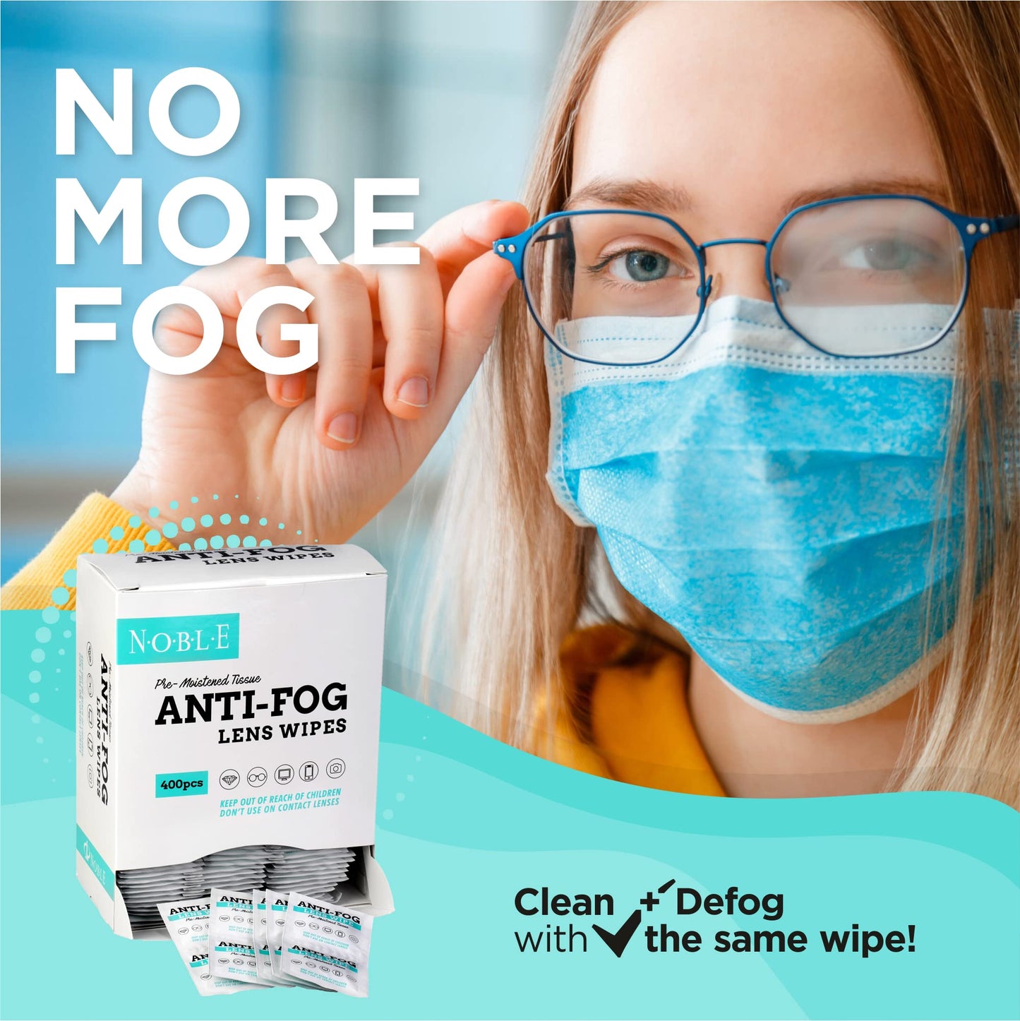 Noble Anti-Fog Pre-Moistened Lens and Screen Cleaning Wipes for Glasses Eyewear, Smartphones, Camera Lenses, Small Electronic Devices, Touchscreens, Individually Wrapped, Residue-Free, 5”x 6” (400)